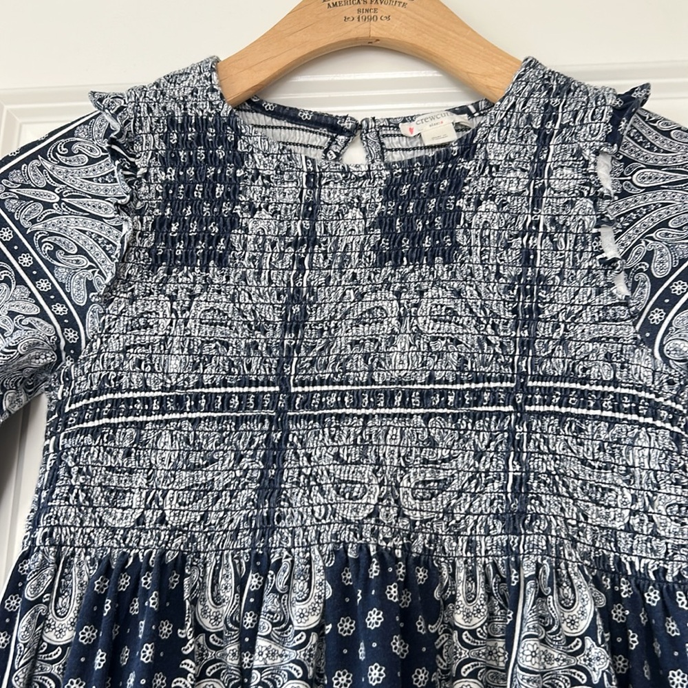 J Crew Crewcuts Smocked Bandana Print Dress w Ruffles Navy Blue Girls Sz 8
